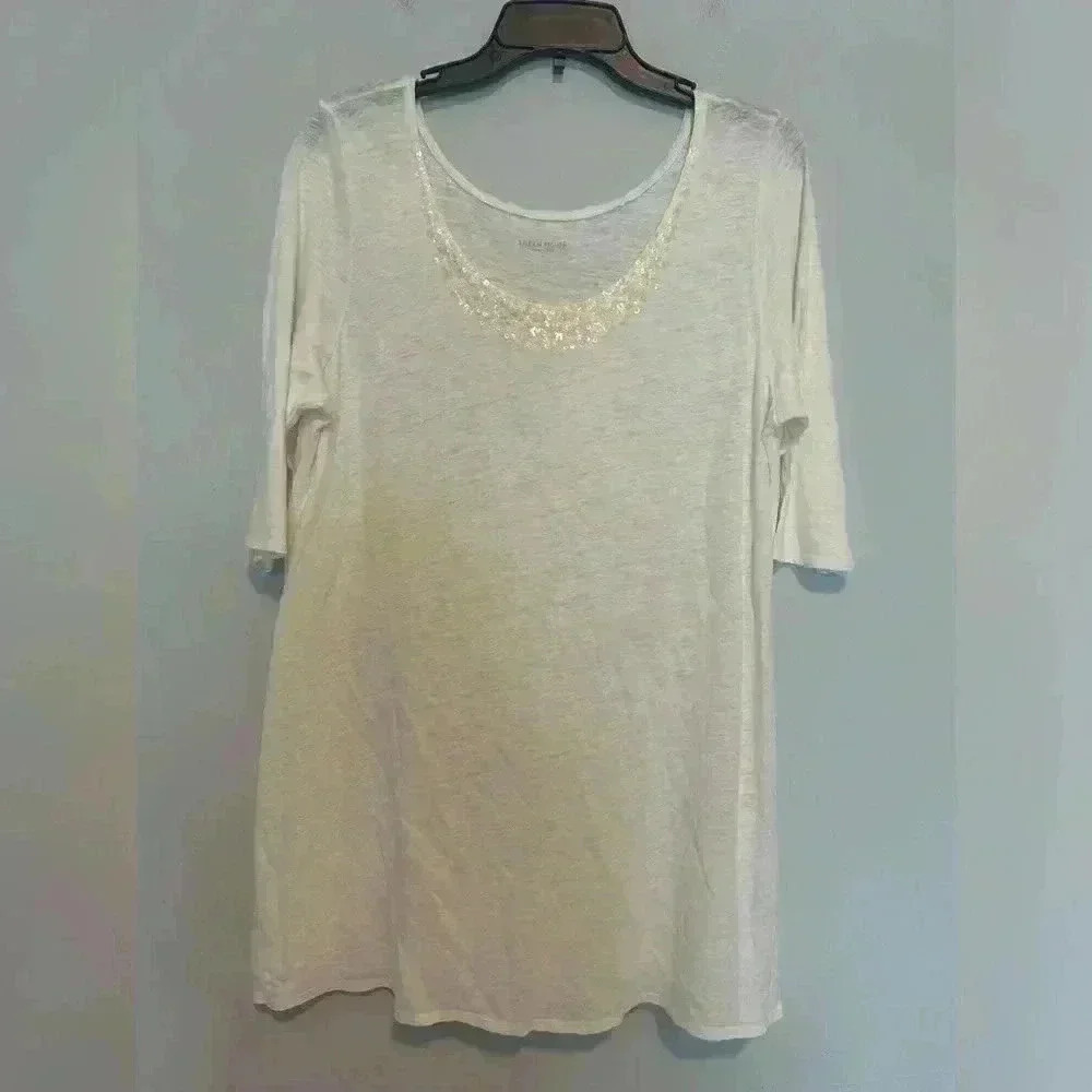 Eileen Fisher  Size L White  100% Linen Sequin  Boho Tunic